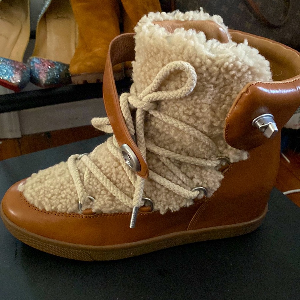 COACH Monroe Shearling Lace-Up Wedge Booties [NEW]